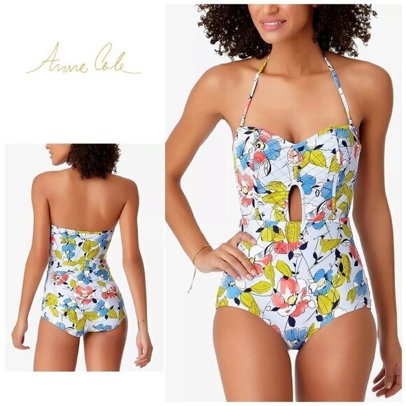 Ann Cole blue quilted floral swimsuit. NWT - Picture 1 of 12